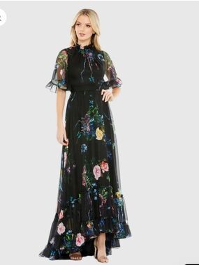 Mac Duggal 14 Black Floral Ruffled High Neck Flutter Sleeve Wedding Guest Gown